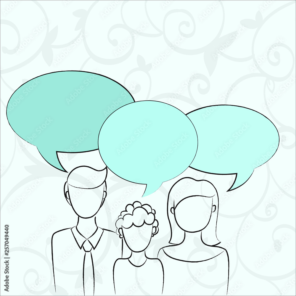 Family of One Child Between Father and Mother and Their Own Speech Bubble Business concept Empty template copy space isolated Posters coupons promotional material