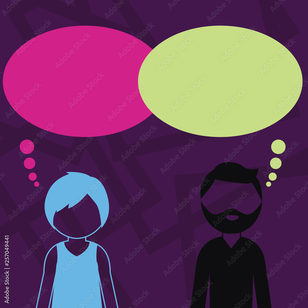 Bearded Man and Woman Faceless Profile with Blank Colorful Thought Bubble Business concept Empty template copy space isolated Posters coupons promotional material Bearded Man and Woman Faceless Profile with Blank Colorful Thought Bubble Business concept Empty template copy space isolated Posters coupons promotional material
