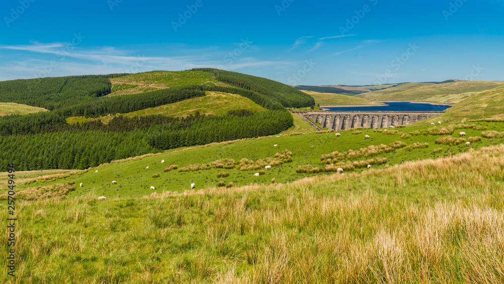Welsh landscape and the dam of Nant-y-Moch Reservoir, Ceredigion, Dyfed, Wales, UK