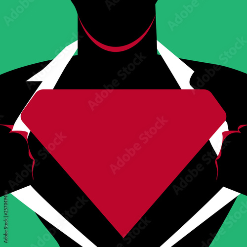 Man in Superman Pose Opening his Shirt to reveal the Blank Triangular Logo Design business concept Empty copy space modern abstract background