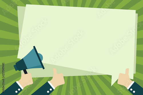 Hand Holding Megaphone and Other Two Gesturing Thumbs Up with Text Balloon Design business Empty template isolated Minimalist graphic layout template for advertising