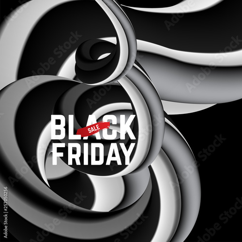 rBlack friday iscription on black white 3d vector liquid gradient background photo