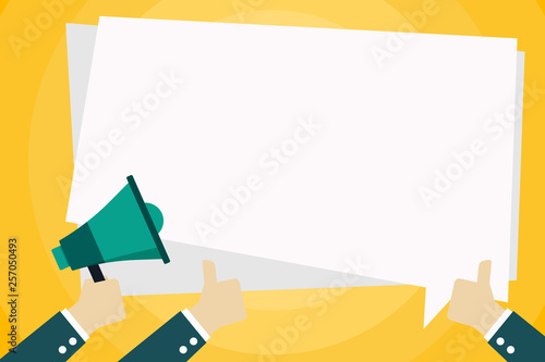 Hand Holding Megaphone and Other Two Gesturing Thumbs Up with Text Balloon Design business concept Empty copy space modern abstract background