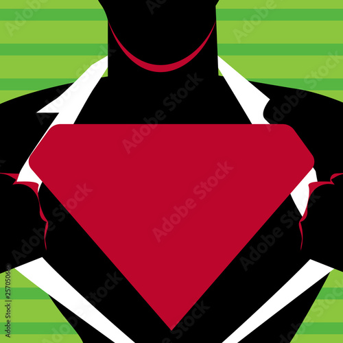Man in Superman Pose Opening his Shirt to reveal the Blank Triangular Logo Design business concept Empty template copy space text for Ad website isolated