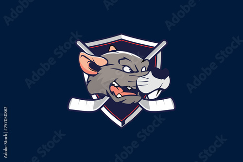 rat or mouse cartoon head with shield for hockey team logo vector template