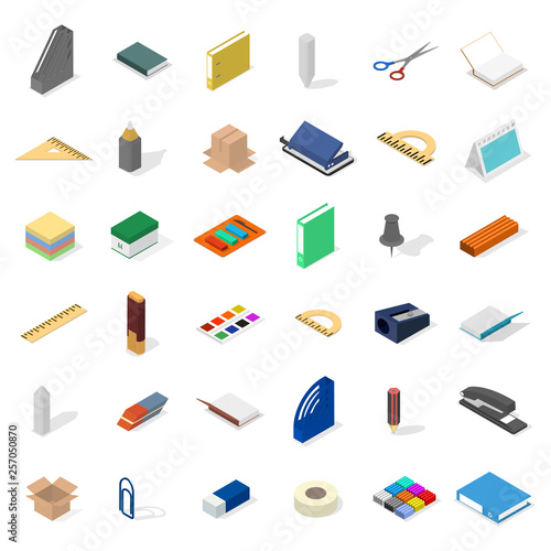 Set of icons, office and school. Flat 3d isometric style, vector illustration.
