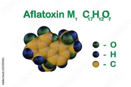 Structural chemical formula and molecular model of aflatoxin M1, carcinogenic toxin present in milk and dairy products. Healthy life concept. 3d illustration photo