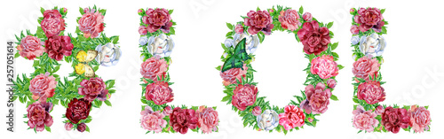 Hashtag sign with word LOL of watercolor flowers for decoration