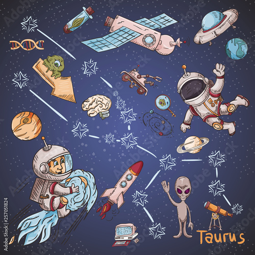 space constellation with the name_24_and color illustrations on a scientific and fantastic theme