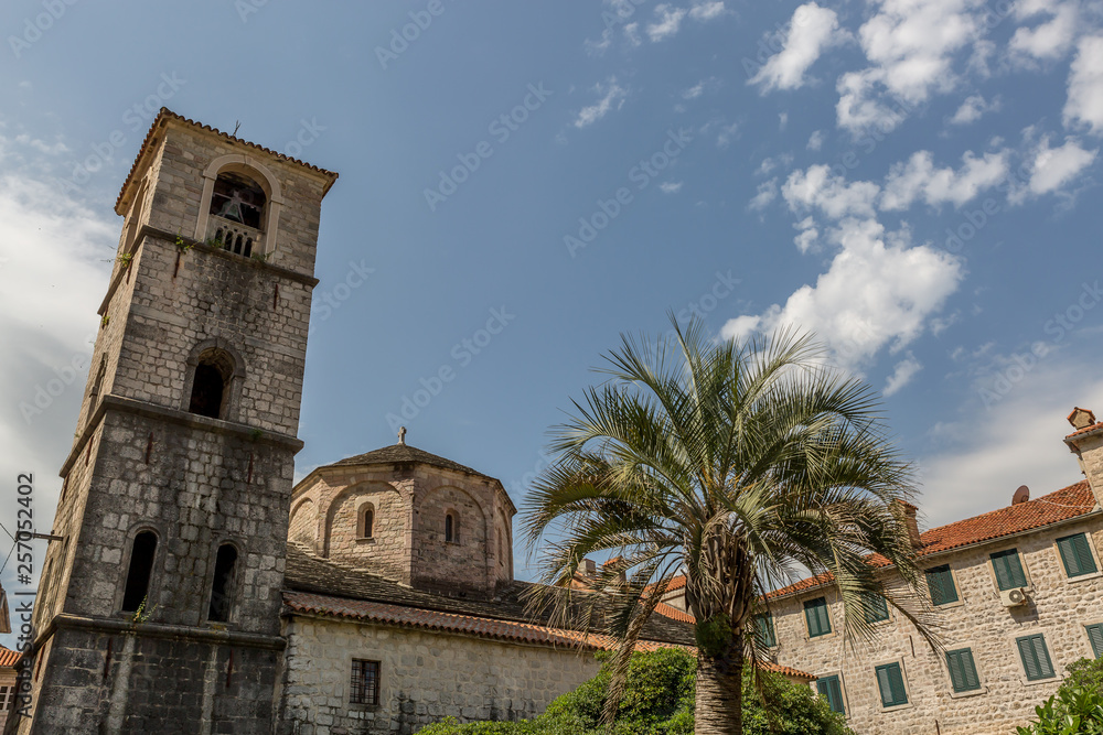 Tower of an old church in the old town of the medieval city of Kotor, Montenegro