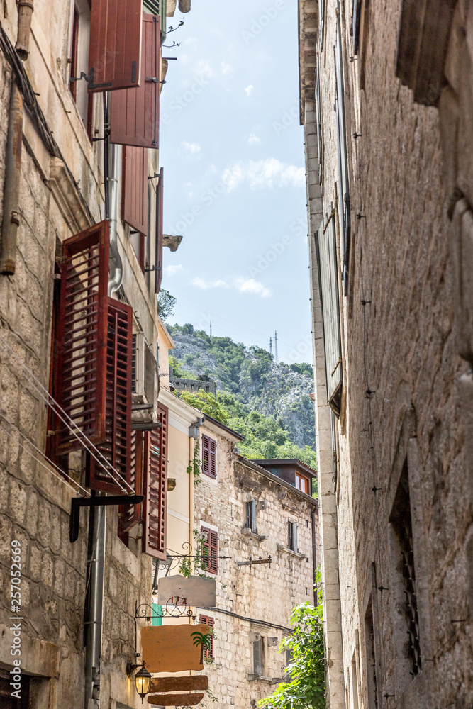 A narrow back street in the medieval center of the walled city of Kotor, Montenegro