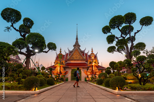 The atmosphere inside Wat Arun temple landmark and iconic of Bangkok during sunset.