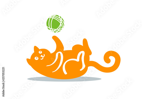 Flat color graphic drawing of a cute funny red cat, playing with a ball of wool or thread, falling on his back. Icon or logo, vector illustration, isolated on background.