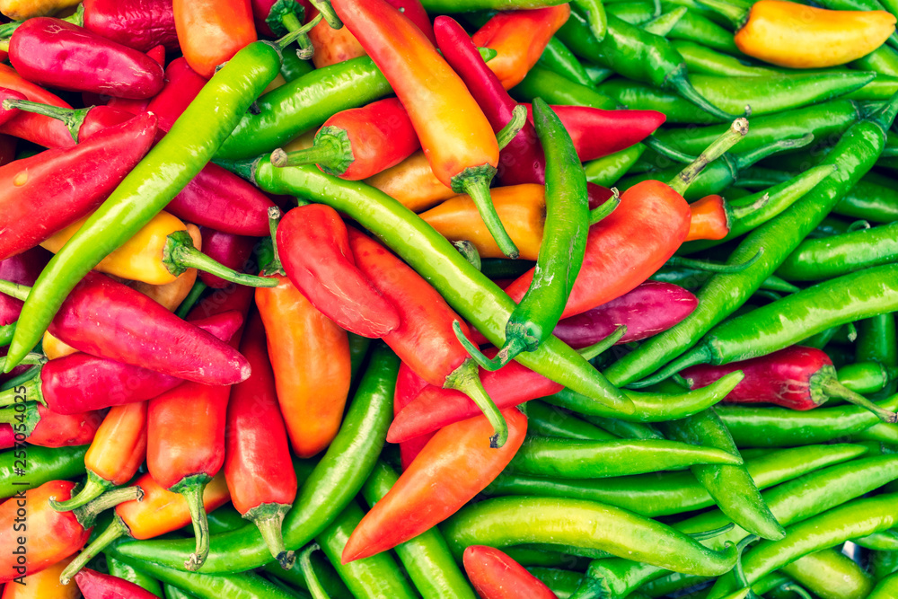 Close up fresh red and green chilli