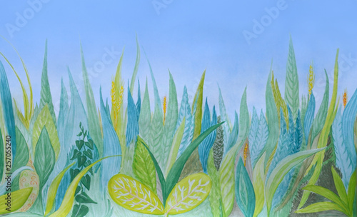 Hand drawn watercolor botanical background. Blue and green grass.  Plants and sky.