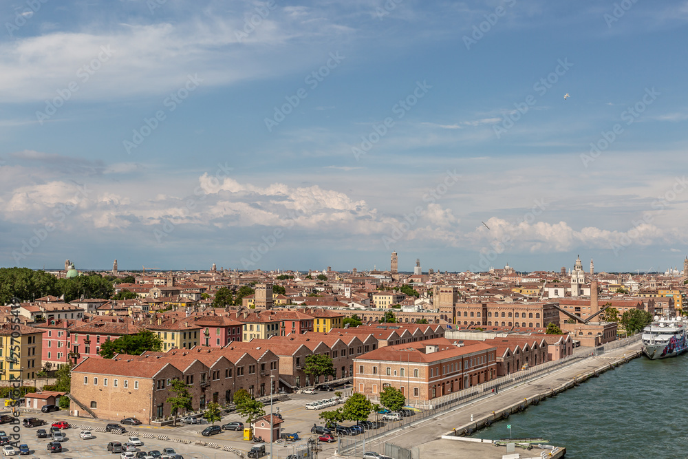 Rooftop view from the above of historical buildings in Venice