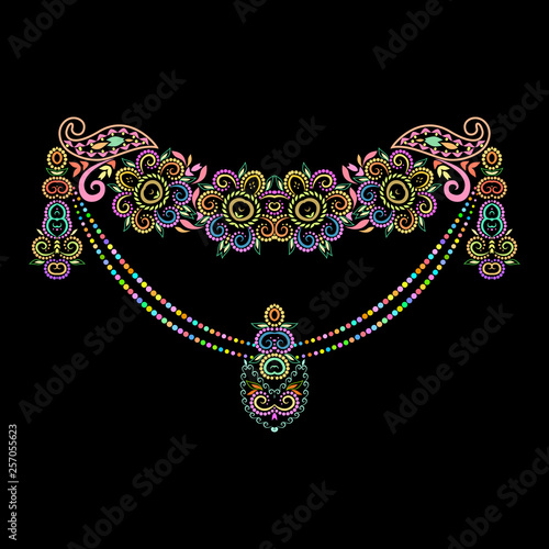 Neckline ethnic design. Floral colorful traditional pattern. Vector print with decorative elements and beads for embroidery, for women's clothing.