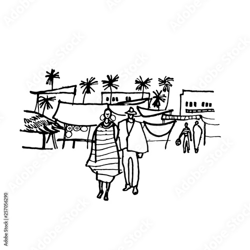 Vector illustration of  Native black skinned ethnical people of Africa tribes and .