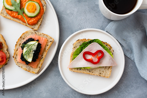 Breakfast toasts with various toppings. Healthy bruschetta. Bread sandwich.