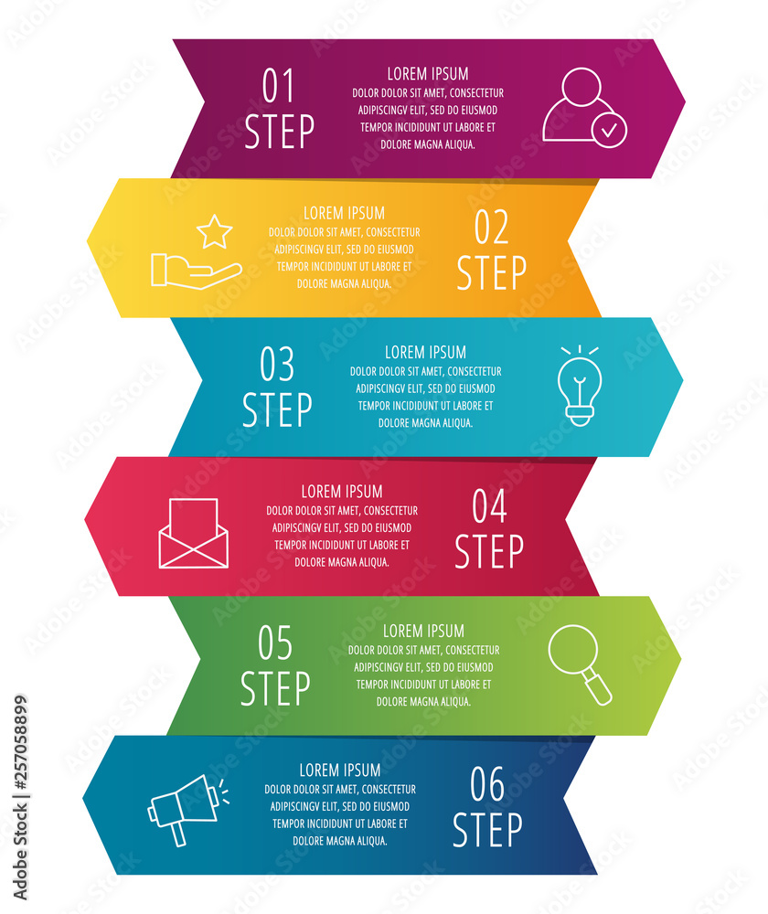 Modern 3D vector illustration. Infographic template with six arrows, text. Step by step. Designed for business, presentations, web design, diagrams, education with 6 steps Modern 3D vector illustration. Infographic template with six arrows, text. Step by step. Designed for business, presentations, web design, diagrams, education with 6 steps