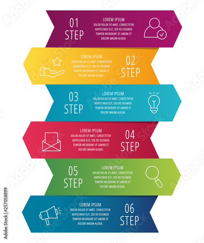 Modern 3D vector illustration. Infographic template with six arrows, text. Step by step. Designed for business, presentations, web design, diagrams, education with 6 steps