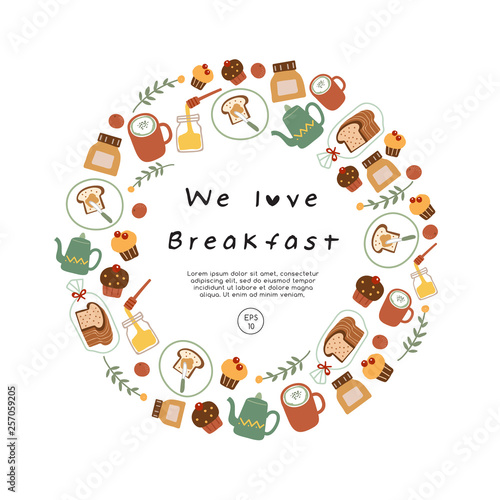 Hand drawn vector illustration of coffee, sweets and pastry