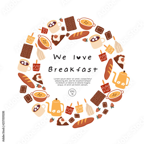 Hand drawn vector illustration of coffee, sweets and pastry