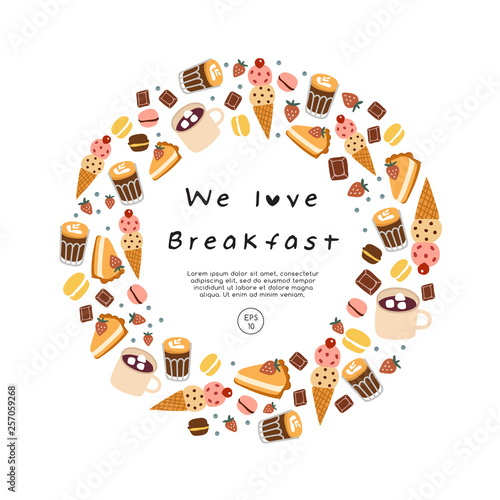 Hand drawn vector illustration of coffee, sweets and pastry
