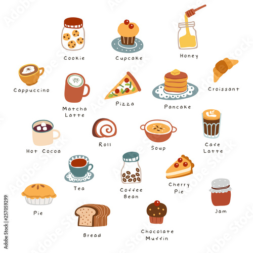 Hand drawn vector illustration of coffee, sweets and pastry