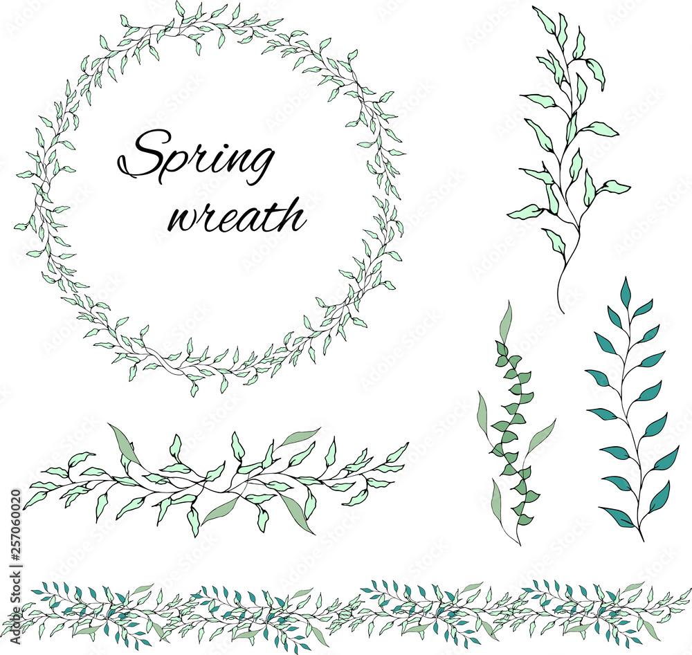 Set of green floral patterns, ornaments and vector wreaths of green leaves and vectors for decoration. Spring ornament concept.