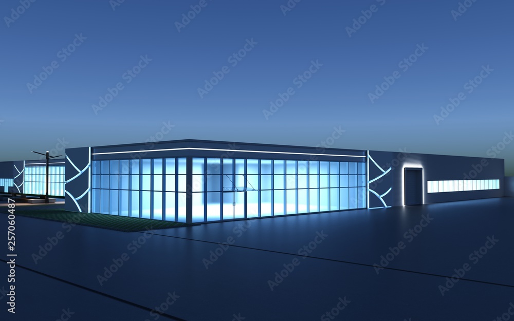 Fototapeta premium 3d render exterior mall at night, exterior visualization, 3D illustration