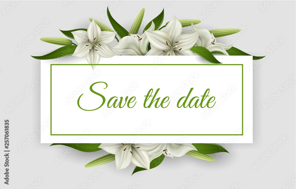 Geometric frame with white frame, white lily flower and green leaf for  wedding. Realistic vector illustration for save the date design, wedding  frame, or other romantic background and template Stock Vector |