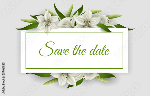 Geometric frame with white frame, white lily flower and green leaf for wedding. Realistic vector illustration for save the date design, wedding frame, or other romantic background and template