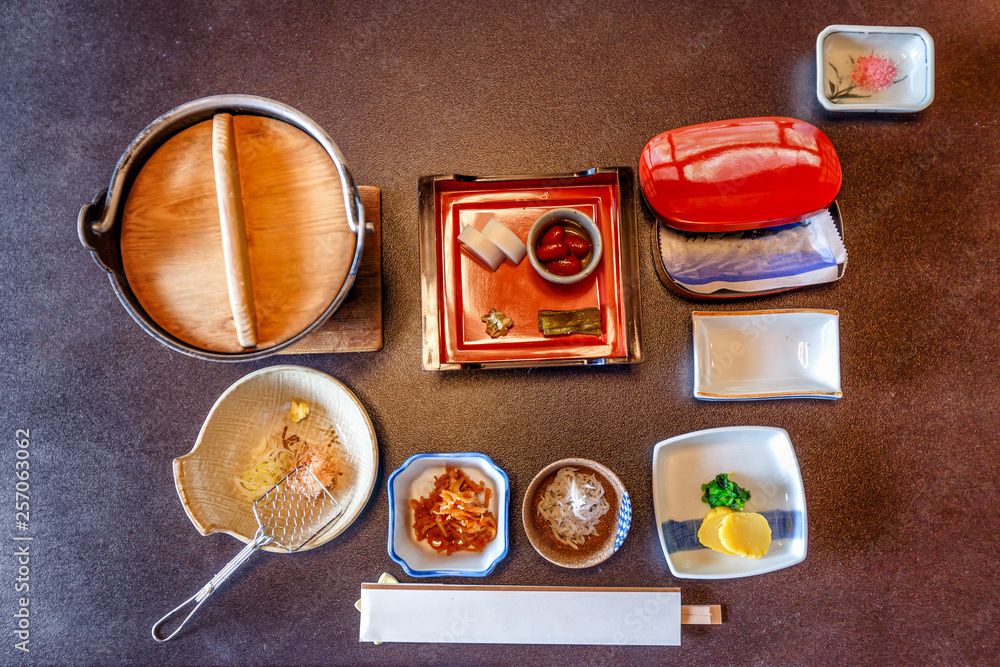Japanese breakfast. A lot of small portions of different national