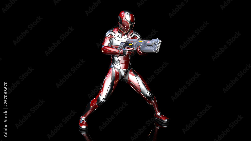 Futuristic android soldier in bulletproof armor, military cyborg armed with sci-fi rifle gun shooting on black background, 3D rendering