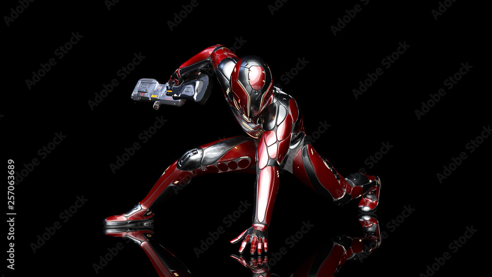 Futuristic android soldier in bulletproof armor, military cyborg armed with sci-fi rifle gun crouching on black background, 3D rendering