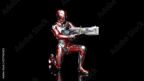 Futuristic android soldier in bulletproof armor, military cyborg armed with sci-fi rifle gun kneeling on black background, 3D rendering