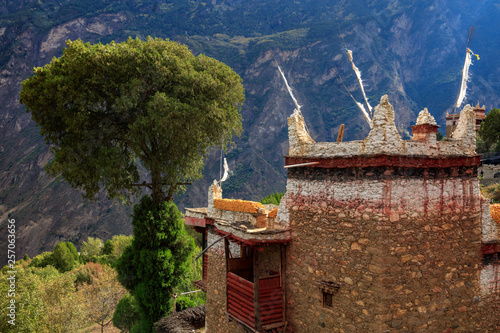 Danba County, Sichuan Province China. Zhonglu Township, Architectural Style of Jiuaju Ancient Tibetan Village. Traditional Tibetan buildings, Suopo towers, beautiful Chinese countryside. Wild West photo