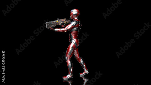 Futuristic android soldier in bulletproof armor, military cyborg armed with sci-fi rifle gun walking and shooting on black background, 3D rendering