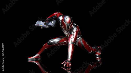 Futuristic android soldier in bulletproof armor, military cyborg armed with sci-fi rifle gun crouching on black background, 3D rendering © freestyle_images