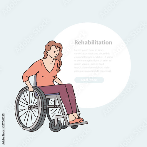 Young disabled woman in wheelchair vector line art illustration banner and round area for text.