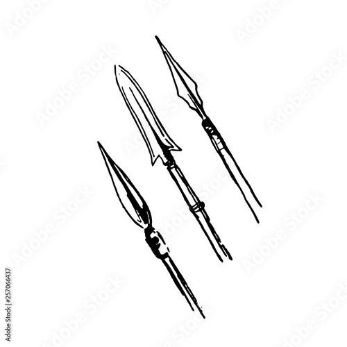 Hand drawn sketch of native African weapon black on white background