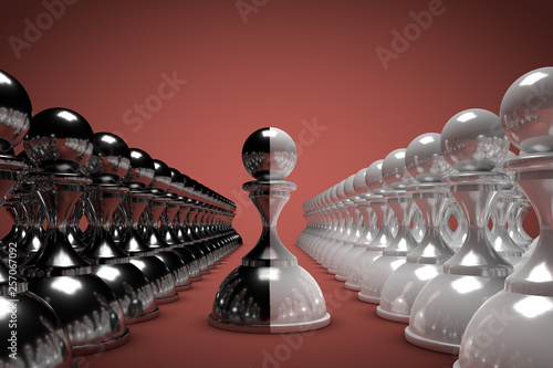 Double sided half white half black chess figure between opposer sides photo