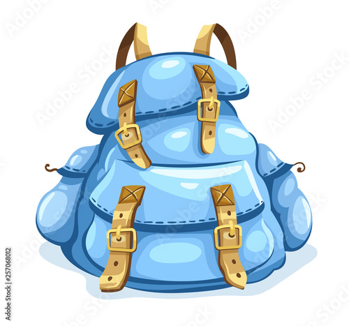 Old backpack for hiking. Travel rucksack packed for journey. Isolated on white background. Vector illustration.