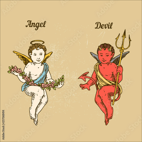 Angel and devil. Color. Engraving style. Vector illustration. photo