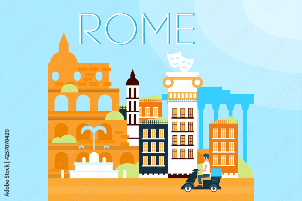 Rome, travel landmarks, city architecture vector illustration in flat style