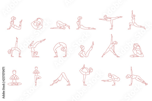 Women pink silhouettes in yoga poses set, asana collection vector illustrations