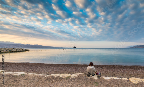 Morning relaxing atmosphere at the central public beach in Eilat - famous tou...