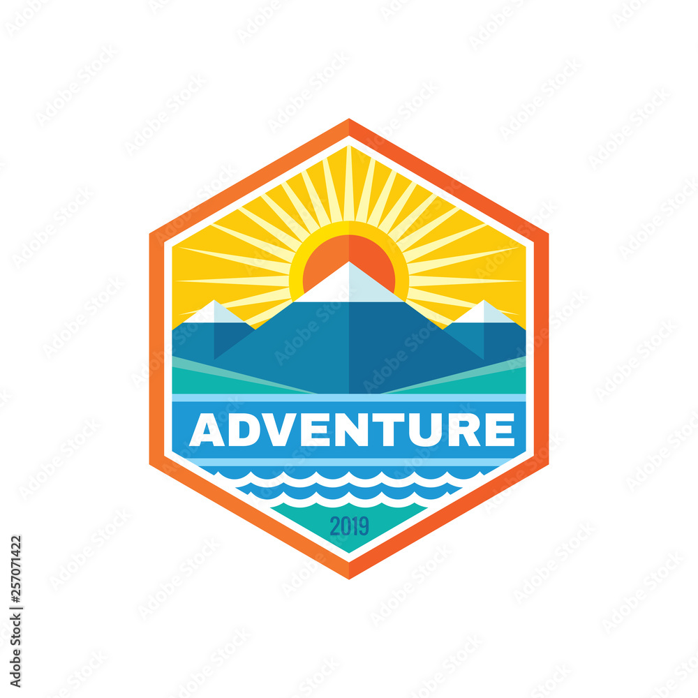 Adventure outdoor travel - concept business badge logo template vector illustration. Mountains nature creative sign emblem in hexagon shape. Lake water waves, sunrise. Graphic design element. 