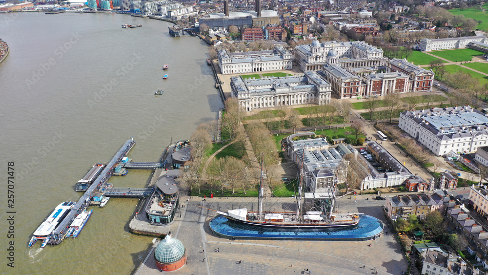 Aerial drone photo of iconic city of Greenwich in the heart of London, United Kingdom